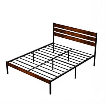 Queen Platform Bed with Rustic Wood Headboard & Under-Bed Storage