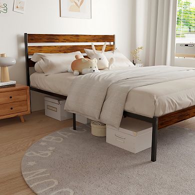 Queen Platform Bed with Rustic Wood Headboard & Under-Bed Storage