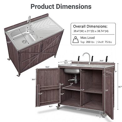 Whisen 39.4" Outdoor Kitchen Island with Sink