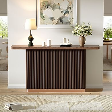 Whisen Console Table with Ash Veneer Top, Fluted Base with Metal Accent
