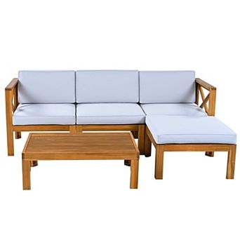 5 pc Patio Wood Sectional Sofa Seating Group Set with Blue Gray Cushions