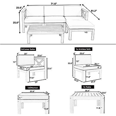 5-Piece Patio Wood Sectional Sofa Seating Group Set with Blue Gray Cushions