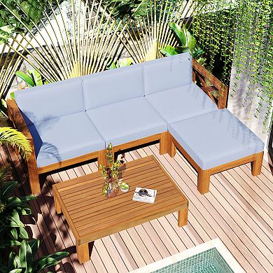 5-Piece Patio Wood Sectional Sofa Seating Group Set with Blue Gray Cushions