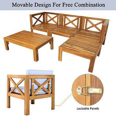 5-Piece Patio Wood Sectional Sofa Seating Group Set with Blue Gray Cushions