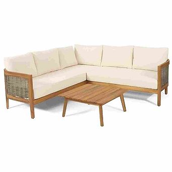 4 pc Outdoor Sofa Set with Beige Cushions and a Coffee Table