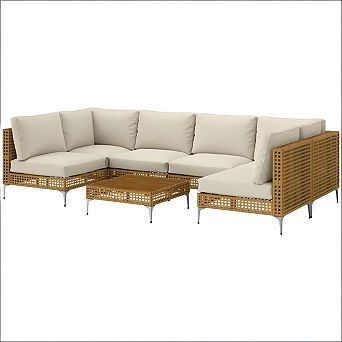 7 pc Wicker Outdoor Sofa Set with Beige Cushions for Lawn