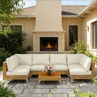 7-Piece Wicker Outdoor Sofa Set with Beige Cushions for Lawn