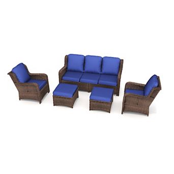 5 pc Wicker Outdoor Sofa Set with Blue Cushions and 2 Ottoman for Lawn