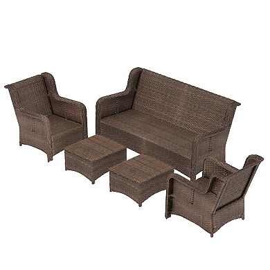 5-Piece Wicker Outdoor Sofa Set with Blue Cushions and 2 Ottoman for Lawn