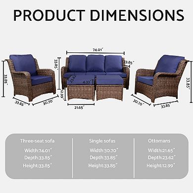5-Piece Wicker Outdoor Sofa Set with Blue Cushions and 2 Ottoman for Lawn