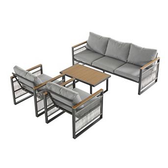 4 pc Metal Outdoor Sofa Set with Gray Cushions and a Coffee Table
