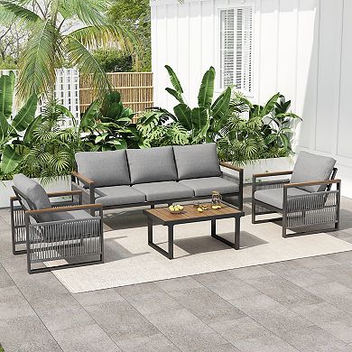 4-Piece Metal Outdoor Sofa Set with Gray Cushions and a Coffee Table