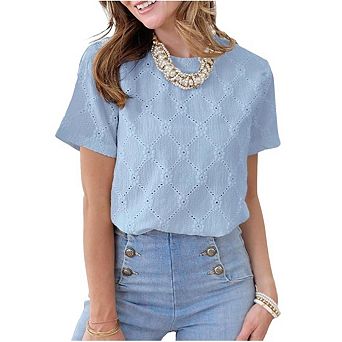 Women's Tops Casual Scoop Neck Short Sleeve Eyelet Hollow Out Blouses Shirts