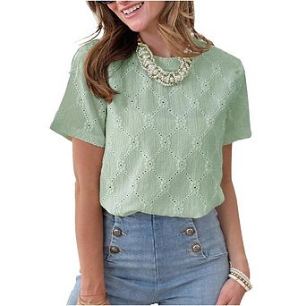 Women's Tops Casual Scoop Neck Short Sleeve Eyelet Hollow Out Blouses Shirts