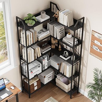 IDEALHOUSE 5-Tier L-Shaped Corner Bookshelf, 72" Tall Storage Bookcase in Black