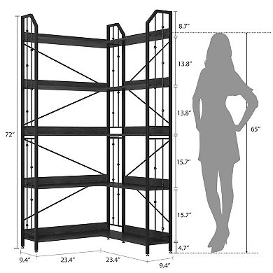 IDEALHOUSE 5-Tier L-Shaped Corner Bookshelf, 72" Tall Storage Bookcase in Black