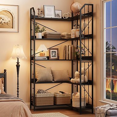IDEALHOUSE 5-Tier L-Shaped Corner Bookshelf, 72" Tall Storage Bookcase in Black