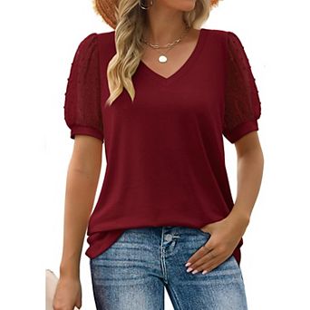Women's V-Neck Mesh Swiss Dot Puff Short Sleeve Loose Fit T-Shirt Summer Casual Soft Top Boho Blouse