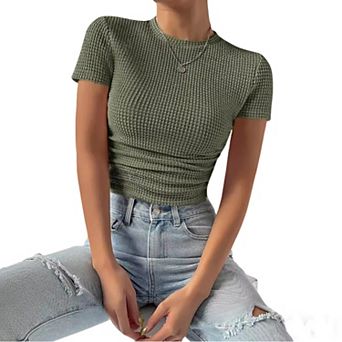 Women's Waffle Knit Crew Neck Slim Fitted Short Sleeve T-Shirt Versatile Summer Casual Top Blouse