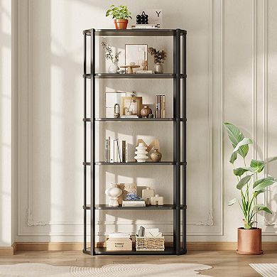 IDEALHOUSE 6-Tier Bookcase, Freestanding Metal & Wood Shelf