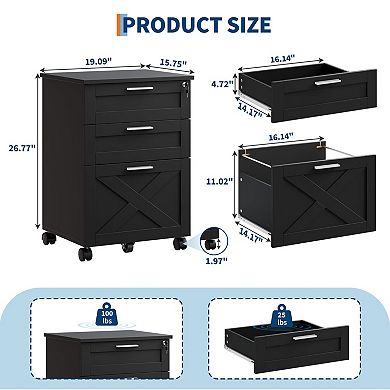 IDEALHOUSE Mobile 3-Drawer File Cabinet with Lock & Casters, Under-Desk Storage
