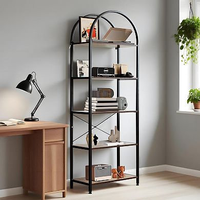 IDEALHOUSE 5-Tier Arched Bookshelf, Metal Frame with Wood Shelves
