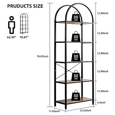 IDEALHOUSE 5-Tier Arched Bookshelf, Metal Frame with Wood Shelves