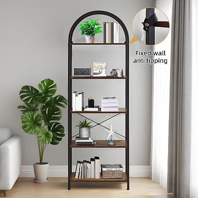 IDEALHOUSE 5-Tier Arched Bookshelf, Metal Frame with Wood Shelves