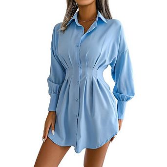 Women's Shirt Dress Pleated Cinched Waist Asymmetrical Lapel Collar Lantern Sleeves Button Dresses