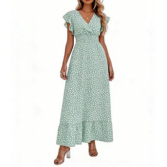 Womens Flowy Maxi Dress V Neck Ruffled Short Sleeves Smocked Waist Tiered Ruffle Hem for Party Wear