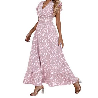 Womens Flowy Maxi Dress V Neck Ruffled Short Sleeves Smocked Waist Tiered Ruffle Hem for Party Wear