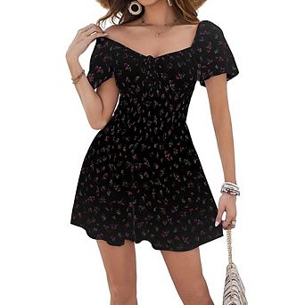 Womens Boho Off Shoulder Mini Dress Short Sleeve Floral Self Tie Front A Line Dress Casual Vacation