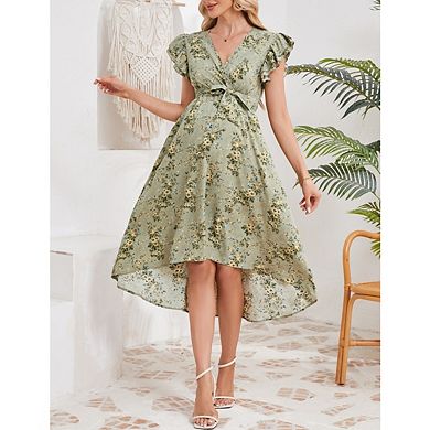 Women's Maternity Boho Midi Dress Floral Print Crossover V-Neck Ruffled Slit Maxi Dress