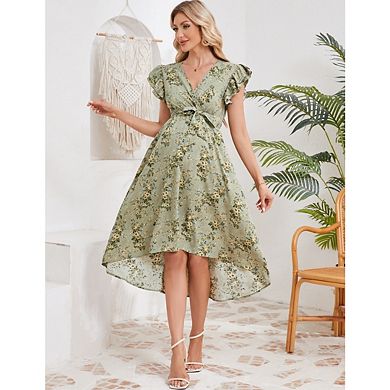 Women's Maternity Boho Midi Dress Floral Print Crossover V-Neck Ruffled Slit Maxi Dress