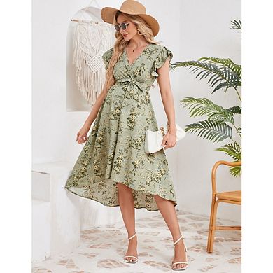 Women's Maternity Boho Midi Dress Floral Print Crossover V-Neck Ruffled Slit Maxi Dress