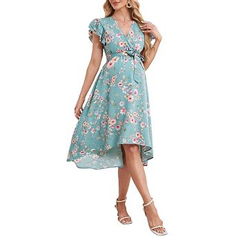 Women's Maternity Boho Midi Dress Floral Print Crossover V-Neck Ruffled Slit Maxi Dress