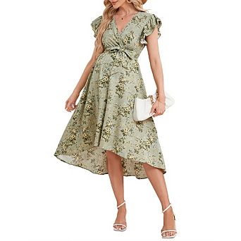 Women's Maternity Boho Midi Dress Floral Print Crossover V-Neck Ruffled Slit Maxi Dress
