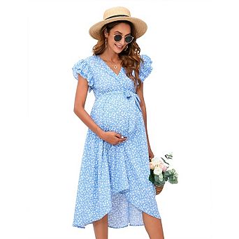 Women's Maternity Boho Midi Dress Floral Print Crossover V-Neck Ruffled Slit Maxi Dress