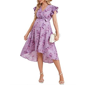 Women's Maternity Boho Midi Dress Floral Print Crossover V-Neck Ruffled Slit Maxi Dress
