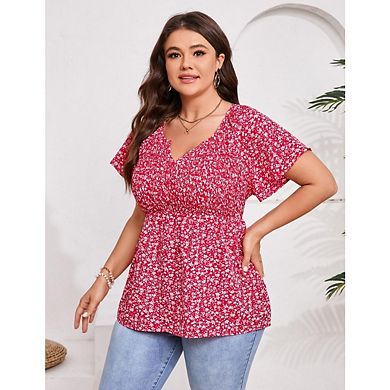 Women's Plus Size V Neck Peplum Tunic Tops Casual Short Sleeve Babydoll ...