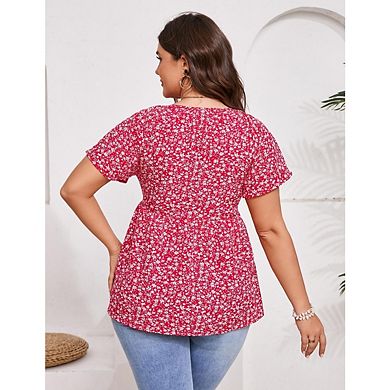 Women's Plus Size V Neck Peplum Tunic Tops Casual Short Sleeve Babydoll ...