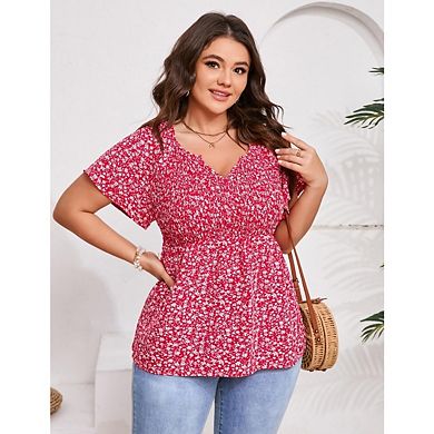 Women's Plus Size V Neck Peplum Tunic Tops Casual Short Sleeve Babydoll ...