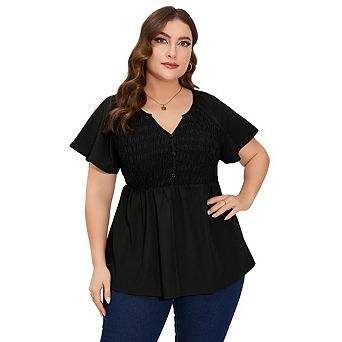 Women's Plus Size V Neck Peplum Tunic Tops Casual Short Sleeve Babydoll Shirts Swing Flowy Blouse
