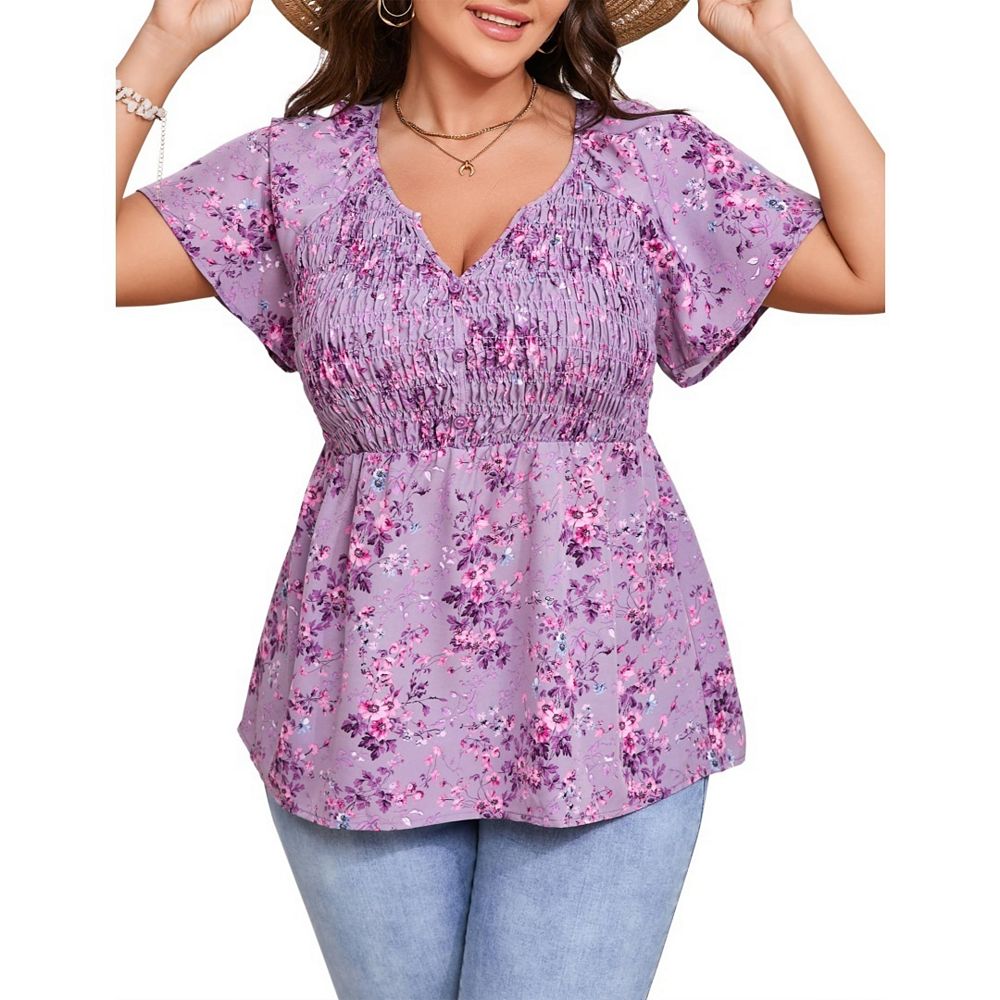 Women's Plus Size V Neck Peplum Tunic Tops Casual Short Sleeve Babydoll ...