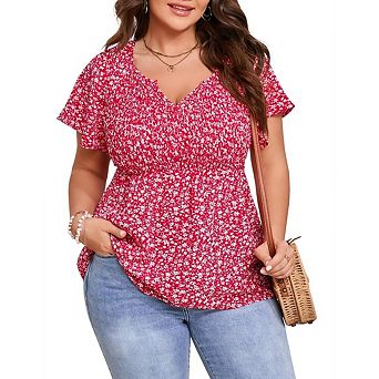 Women's Plus Size V Neck Peplum Tunic Tops Casual Short Sleeve Babydoll Shirts Swing Flowy Blouse