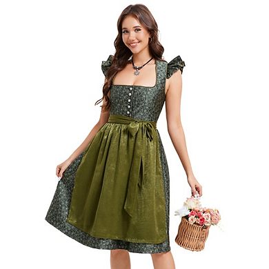 Women's Oktoberfest Dirndl Dress Ruffled Jacquard Button-Down Top and Solid Color Apron