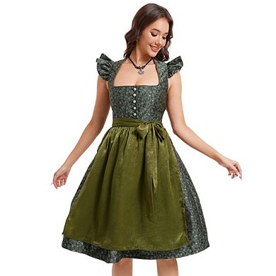 Women's Oktoberfest Dirndl Dress Ruffled Jacquard Button-Down Top and Solid Color Apron