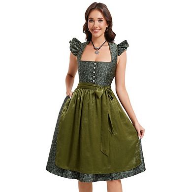 Women's Oktoberfest Dirndl Dress Ruffled Jacquard Button-Down Top and Solid Color Apron