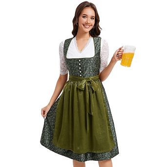 Women's Oktoberfest Dirndl Dress Ruffled Jacquard Button-Down Top and Solid Color Apron