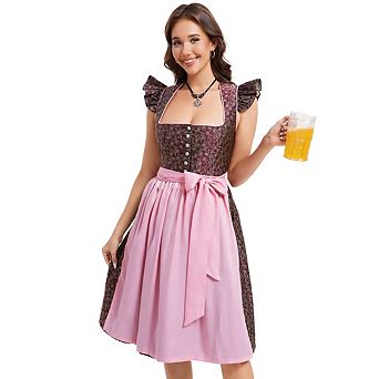 Women's Oktoberfest Dirndl Dress Ruffled Jacquard Button-Down Top and Solid Color Apron